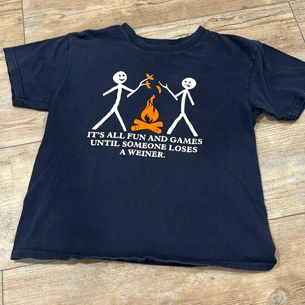 Funny kids shirt “IT’S ALL FUN AND GAMES UNTIL SOMEONE LOSES A WEINER.” Youth M